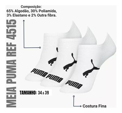 Imagem de Kit 6 Pares Meia Sapatilha Cano Baixo Adulto Soquete Masculino Algodão Puma - Branco/Preto