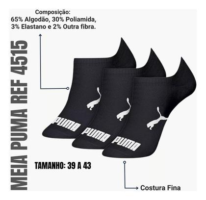 Imagem de Kit 6 Pares Meia Sapatilha Cano Baixo Adulto Soquete Masculino Algodão Puma - Branco/Preto