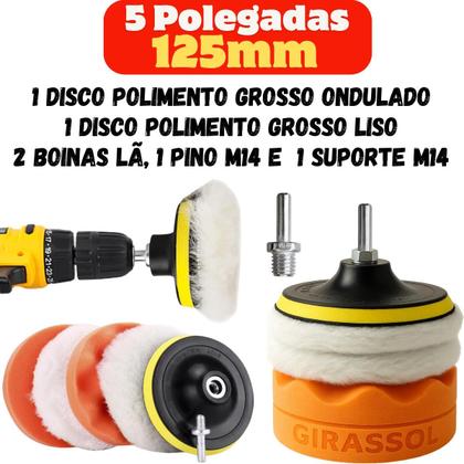 Imagem de Kit 6 Peças 5 Pol. 125mm Disco Espuma Boina Lã Prato Pino M14 Polimento Automotivo KP21