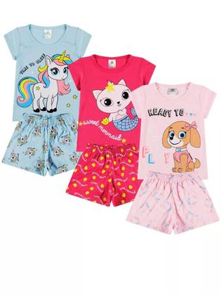 Imagem de Kit 6 Peças de Pijamas Curto Infantis para Meninas Confortáveis e Cheios de Estilo pijama para meninas