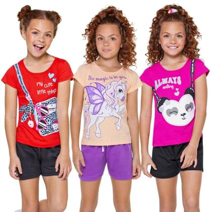 Imagem de Kit 6 Peças de Roupas Infantil Menina 3 Camisetas 3 Bermudas Kit com 3 Conjuntos de Roupa Infantil Menina Verão Feminino infantil