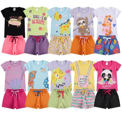 Imagem de Kit 6 Peças de Roupas Infantil Menina 3 Camisetas 3 Bermudas Kit com 3 Conjuntos de Roupa Infantil Menina Verão Feminino infantil