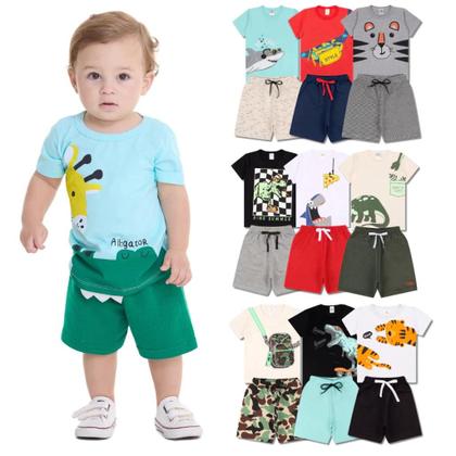 Imagem de Kit 6 Peças de Roupas para bebê Menino 3 Camisetas 3 Bermudas Kit com 3 Conjuntos Infantil Verão para Menino Bebê dias quentes
