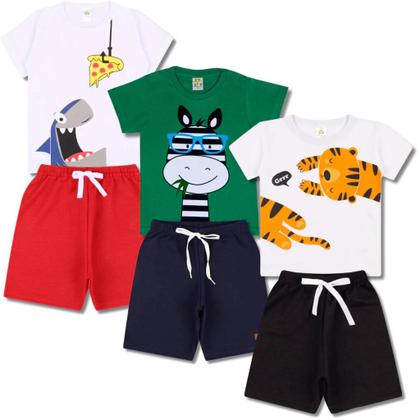 Imagem de Kit 6 Peças de Roupas para bebê Menino 3 Camisetas 3 Bermudas Kit com 3 Conjuntos Infantil Verão para Menino Bebê dias quentes