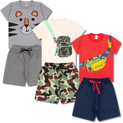 Imagem de Kit 6 Peças de Roupas para bebê Menino 3 Camisetas 3 Bermudas Kit com 3 Conjuntos Infantil Verão para Menino Bebê dias quentes