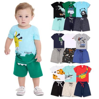 Imagem de Kit 6 Peças de Roupas para bebê Menino 3 Camisetas 3 Bermudas Kit com 3 Conjuntos Infantil Verão para Menino Bebê dias quentes