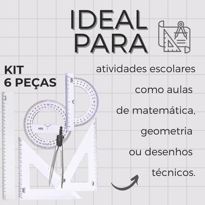 Imagem de Kit 6 peças Escolar Transferidor Esquadro Compasso Régua Matemática Geometria Ensino Fundamental e Médio