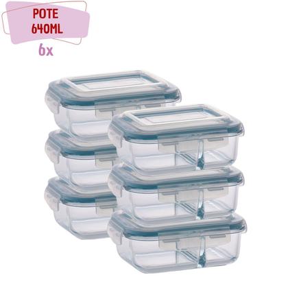 Imagem de Kit 6 Pote de Vidro Hermético Com Divisoria 640ml Marmita