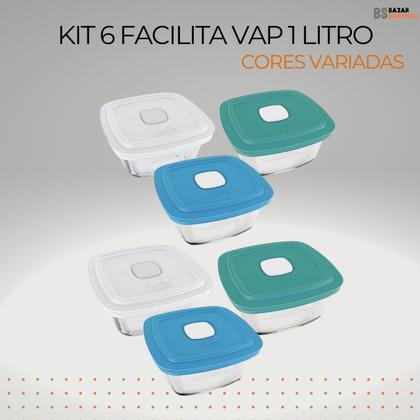 Imagem de Kit 6 Pote de Vidro Marinex Facilita Vap 1L Quadrado Nadir