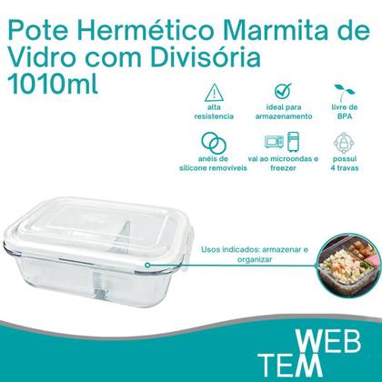 Imagem de Kit 6 Potes Hermético Marmita de Vidro Retangular Com Divisória 1010ml Com Tampa BPA Free: Cozinha Organizada, Sustentabilidade e Alimentos Frescos