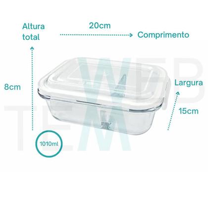 Imagem de Kit 6 Potes Hermético Marmita de Vidro Retangular Com Divisória 1010ml Com Tampa BPA Free: Cozinha Organizada, Sustentabilidade e Alimentos Frescos