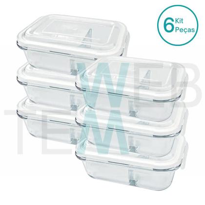Imagem de Kit 6 Potes Hermético Marmita de Vidro Retangular Com Divisória 1010ml Com Tampa BPA Free: Cozinha Organizada, Sustentabilidade e Alimentos Frescos