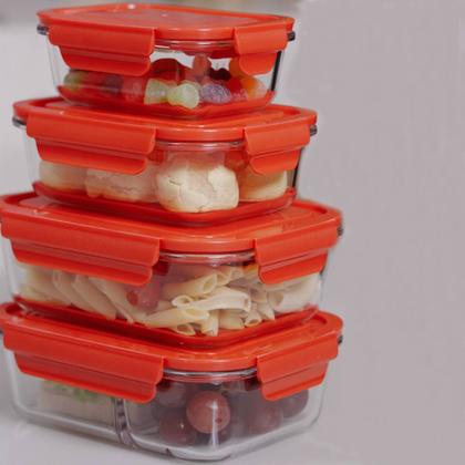 Imagem de Kit 6 Potes Herméticos de Vidro Borossilicato 1,04L Retangulares Vermelho Uz