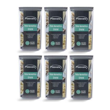 Imagem de Kit 6 Potes Herméticos Retangulares 1,5L cada Plástico Plasvale Porta Mantimentos Transparente