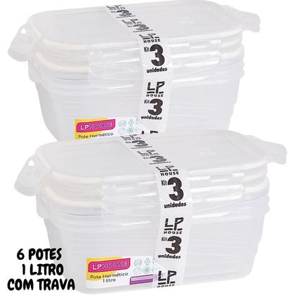 Imagem de Kit 6 Potes Marmita Herméticos Plástico Tampa Trava 1L