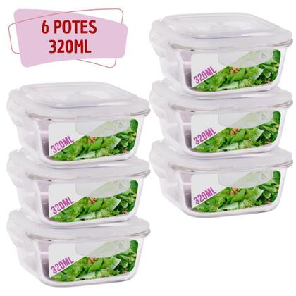 Imagem de Kit 6 Potes Tampa Hermetica Quadrado de Vidro 320ml Alimento