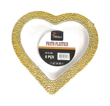 Imagem de Kit 6 Pratos Coração Dourado Acrílico 19cm Festa Luxo