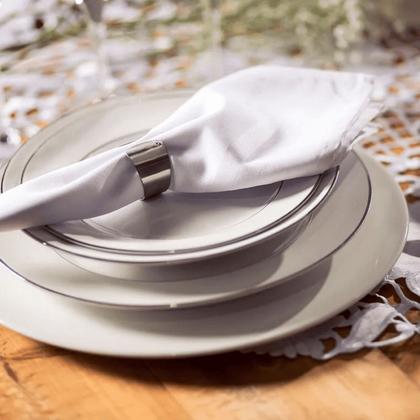 Imagem de Kit 6 Pratos Porcelana Branco Borda Prateada Sobremesa 20cm