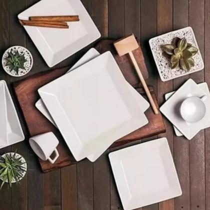 Imagem de Kit 6 Pratos Quadrado de Melamina Branco Jogo de 6 Pratos Rasos De Plástico Para Refeições Conjunto De Pratos 25 cm Para Buffet Restaurante Bestfer