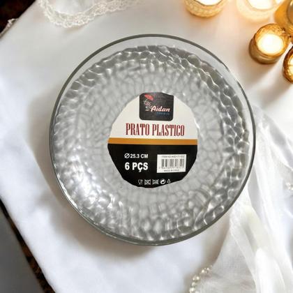 Imagem de Kit 6 Pratos Redondo Acrílico Borda Prata 25Cm Natal Festas