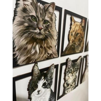 Imagem de Kit 6 Quadros Decorativos de Gatos em Relevo 3D Felinos Divertidos Fofos