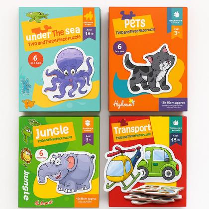 Imagem de Kit 6 Quebra-Cabeça Infantil Brinquedo na Caixa com Tema de Veiculos Pets Fundo do Mar e Animais