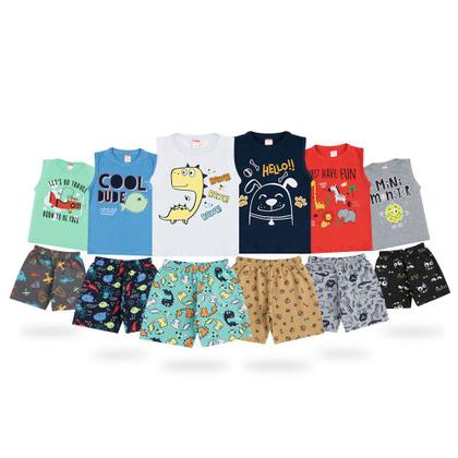 Imagem de Kit 6 Regatas com Short Estampadas Moletinho Infantil Masculina Verão Algodão