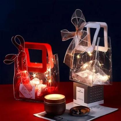 Imagem de Kit 6 Sacolas Transparentes Com Alça Bolsa Plástico Reutilize Presente Lembrancinha Resistente