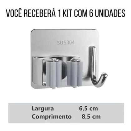 Imagem de Kit 6 Suporte Gancho Inox Adesivo Forte Rodo Vassoura Prateado