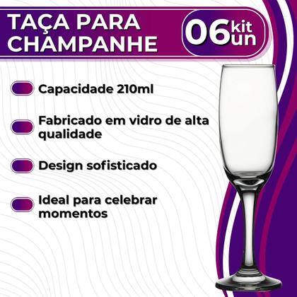 Imagem de Kit 6 Taças Para Champanhe Espumante Vinho Vidro Liso Transparente Lira 210ml G4U Class Home