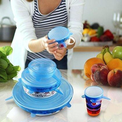 Imagem de Kit 6 tampas de silicone universal ajustável reutilizável vedação hermética potes panelas frutas freezer microondas