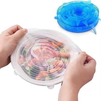 Imagem de Kit 6 tampas de silicone universal ajustável reutilizável vedação hermética potes panelas frutas freezer microondas