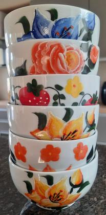 Imagem de Kit 6 tigelas 500 ml Porcelana decoração flores frutas