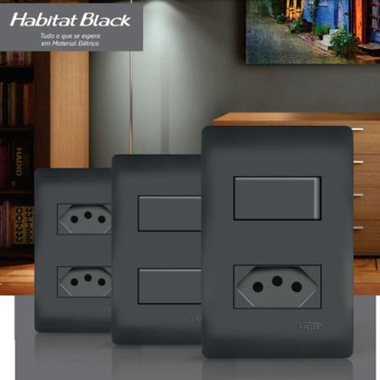 Imagem de Kit 6 Tomadas Duplas 20a Tripolar + Placa Cega Espelho C/suporte 4x4 Habitat Black - Fame