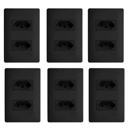 Imagem de Kit 6 Tomadas Duplas 20a Tripolar + Placa Cega Espelho C/suporte 4x4 Habitat Black - Fame