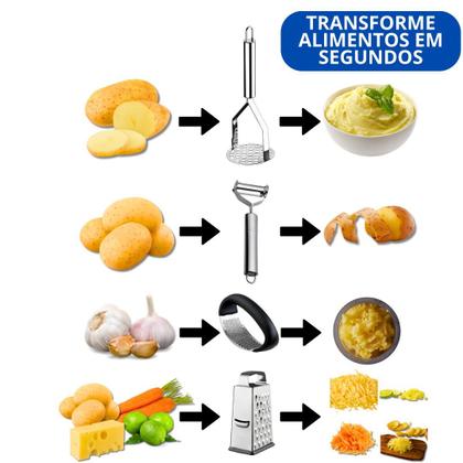 Imagem de Kit 6 Utensílio Amassador Batata e Alho Ralador N7 Descascador Inox Espremedor Inox Colher de Suco