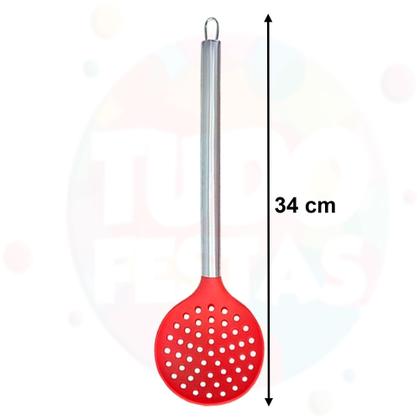 Imagem de Kit 6 Utensílios De Cozinha Silicone Cabo Inox Colher Concha Escumadeira Espátula Pegador Batedor