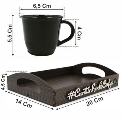 Imagem de Kit 6 Xícaras Acrílica Preta Com Bandeja Cantinho do Café decorada com aplique em alto relevo