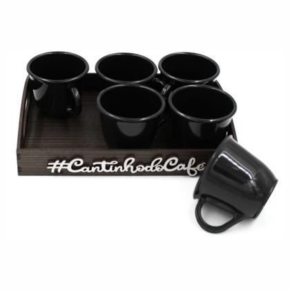 Imagem de Kit 6 Xícaras Acrílica Preta Com Bandeja Cantinho do Café decorada com aplique em alto relevo