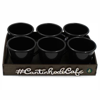 Imagem de Kit 6 Xícaras Acrílica Preta Com Bandeja Cantinho do Café decorada com aplique em alto relevo