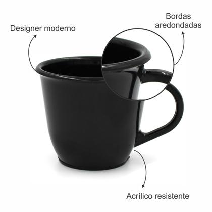 Imagem de Kit 6 Xícaras Acrílica Preta Com Bandeja Cantinho do Café decorada com aplique em alto relevo