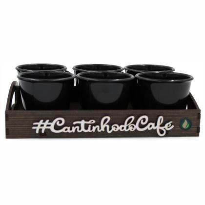 Imagem de Kit 6 Xícaras Acrílica Preta Com Bandeja Cantinho do Café decorada com aplique em alto relevo