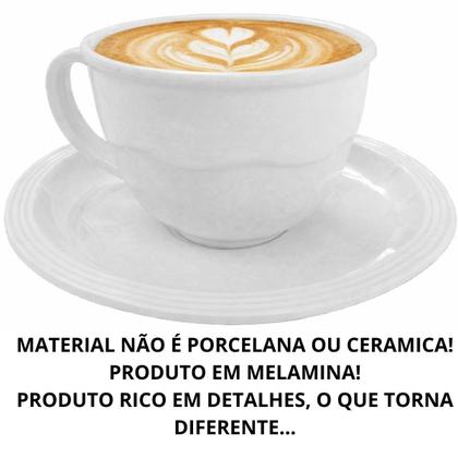 Imagem de Kit 6 Xícaras com Pires Caneca Branco em Melamina Plástico Duro Resistente 200ml Café Chá