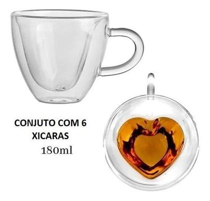 Imagem de Kit 6 Xícaras Coração Parede Dupla Vidro Borossilicato 150 ml com Alça