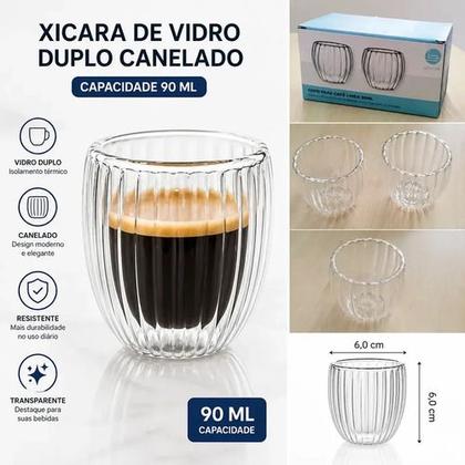 Imagem de Kit 6 Xicaras Vidro Duplo Canelado Chá Café 90ml Transparente