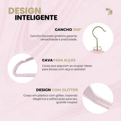 Imagem de Kit 60 Cabide Acrílico Rosa Infantil Gliter e Gancho Dourado