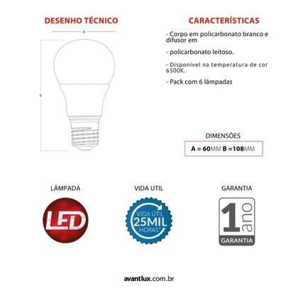 Kit 60 Lâmpada Pera 9w Pack C/6 Branco Frio 6500k Avant Imagem de Kit 60 Lâmpada Pera 9w Pack C/6 Branco Frio 6500k Avant