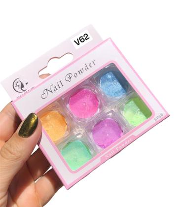 Imagem de Kit 6und Pó Neon Sereia Metalizado Asa De Borboleta Cromo Decoração De Unhas