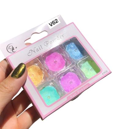 Imagem de Kit 6und Pó Neon Sereia Metalizado Asa De Borboleta Cromo Decoração De Unhas