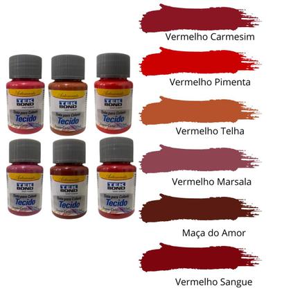 Imagem de Kit 6x Tintas Para Tecido Tekbond 37ML Tons de Vermelho